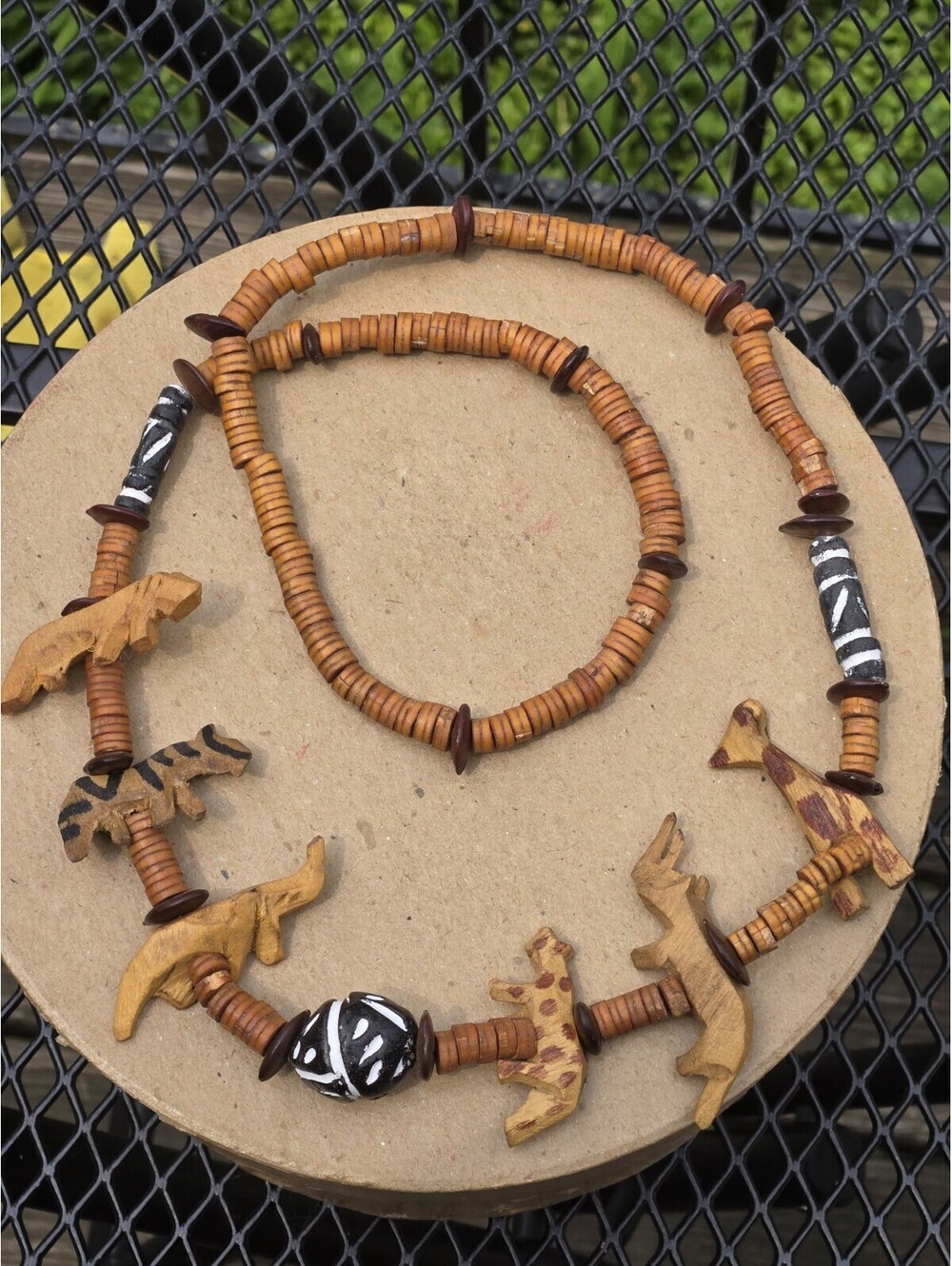 Handcarved African Wood Beaded Necklace Wooden Animals Hand Painted 24" Long